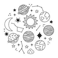 ensemble de doodles spatiaux. planètes, étoiles, constellations, lune dans le style de croquis. système solaire. illustration de vecteur dessiné à la main isolé sur fond blanc