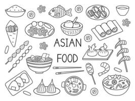 ensemble de doodle de cuisine asiatique. cuisine asiatique dans le style de croquis. illustration de vecteur dessiné à la main isolé sur fond blanc