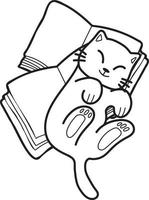chat dessiné à la main allongé sur une pile d'illustration de livres dans un style doodle vecteur