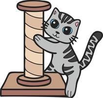chat rayé dessiné à la main avec illustration de poteau d'escalade de chat dans un style doodle vecteur