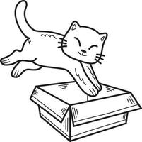 chaton dessiné à la main a sauté dans l'illustration de la boîte dans un style doodle vecteur