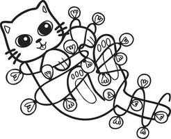 chat dessiné à la main jouant avec une illustration d'ampoule dans un style doodle vecteur