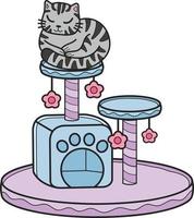 chat rayé dessiné à la main avec illustration de poteau d'escalade de chat dans un style doodle vecteur