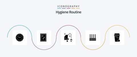 pack d'icônes glyphe 5 de routine d'hygiène, y compris le nettoyage. un verre. électrique. coton. bourgeons vecteur