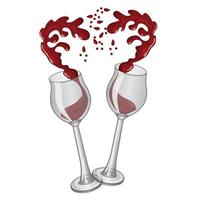 éclaboussure de vin dans des verres en forme de moitiés de cœur. icône romantique dans un style réaliste. illustration vectorielle isolée sur fond blanc. vecteur