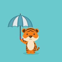 mignon tigre tenant un parapluie vecteur