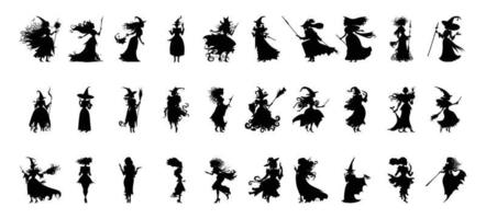 collection de silhouettes de sorcières dans diverses poses vecteur