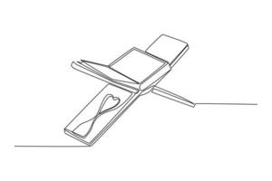 une ligne continue dessinant le coran ouvert sur une planche de bois. notion de ramadan. illustration graphique vectorielle de dessin à une seule ligne. vecteur