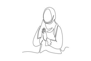 une ligne continue dessinant une femme musulmane célèbre l'événement islamique avec des poses gestuelles pour accueillir le ramadan. notion de ramadan. illustration graphique vectorielle de dessin à une seule ligne. vecteur