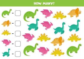 jeu de comptage avec des dinosaures mignons de bande dessinée. feuille de calcul mathématique. vecteur