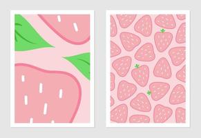 affiches avec des fraises. illustration vectorielle de baies roses et de brindilles avec des feuilles vertes. fond de fraise d'été. design d'intérieur. vecteur