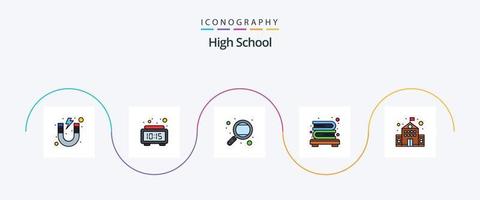 pack d'icônes plat rempli de 5 lignes de lycée, y compris le bâtiment. livres. temps. bibliothèque. l'école vecteur