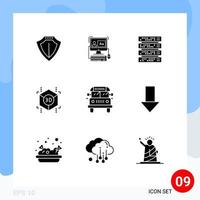 pack de 9 signes et symboles de glyphes solides modernes pour les supports d'impression Web tels que les éléments de conception vectorielle modifiables de cube de forme d'ordinateur de bus de transport vecteur