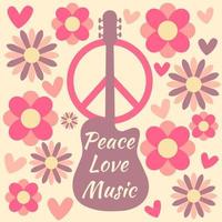 icône, autocollant de style hippie avec guitare violette, signe de paix, fleurs, coeurs et texte paix, amour, musique sur fond beige. style rétro vecteur
