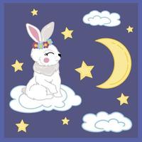 lapin blanc sur un nuage contre un ciel bleu avec un mois. illustration vectorielle pour enfants vecteur