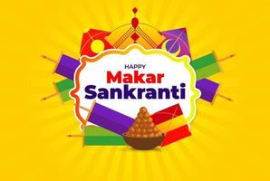 heureux makar sankranti fond jaune avec cerfs-volants et laddoo vecteur