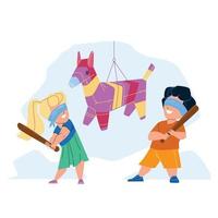 pinata frappant le petit garçon et la fille sur le vecteur de la fête