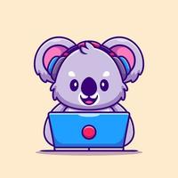 koala mignon travaillant sur un ordinateur portable avec illustration d'icône de vecteur de dessin animé de casque. concept d'icône de technologie animale isolé vecteur premium. style de dessin animé plat