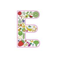 jeu d'icônes de collage de nourriture et de boisson de la lettre e. ensemble vectoriel d'allergènes essentiels et d'icônes de ligne de régime. jeu d'icônes de nourriture modifiable.
