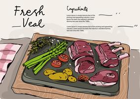 Ingrédients de veau frais dessinés à la main Vector Illustration