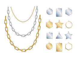 collier de chaîne en or et argent 3d détaillé réaliste avec ensemble de pendentifs. vecteur