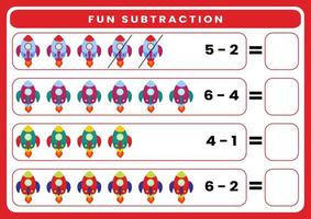 jeu éducatif pour enfants soustraction amusante en comptant le transport de dessin animé mignon. feuille de calcul imprimable vecteur