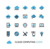 jeu d'icônes de fine ligne de signe de cloud computing. vecteur