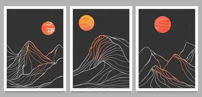 ensemble d'impression d'art de ligne moderne minimaliste créatif. paysages d'arrière-plans esthétiques contemporains de montagne abstraite. avec montagne, forêt, mer, horizon, vague. illustrations vectorielles vecteur