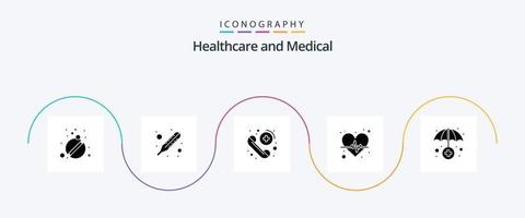 pack d'icônes de glyphe médical 5, y compris médical. Assurance. urgence. soins cardiaques. cœur vecteur