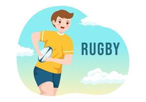 joueur de rugby en cours d'exécution illustration avec une balle dans le sport de championnat pour la bannière web ou la page de destination dans des modèles dessinés à la main de dessin animé plat vecteur