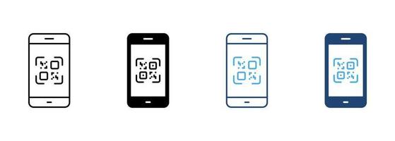 scannez le code qr sur la ligne du smartphone et le jeu d'icônes de silhouette. scanner de paiement dans le pictogramme du téléphone portable. application de code-barres carré pour la collecte de symboles de paiement sur fond blanc. illustration vectorielle isolée. vecteur