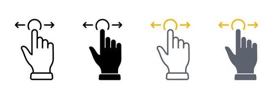 ligne de geste de balayage et jeu d'icônes de couleur de silhouette. curseur de la main du pictogramme de la souris d'ordinateur. pointeur doigt appuyez sur toucher cliquez sur la collection de symboles sur fond blanc. illustration vectorielle isolée.