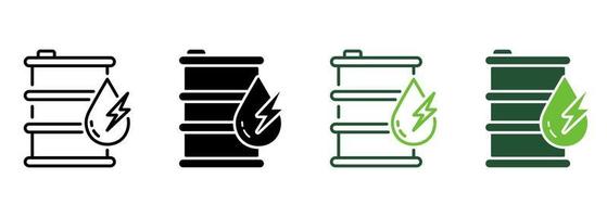 conteneur de réservoir de gaz en métal avec ligne diesel et jeu de couleurs d'icône de silhouette. gallon d'énergie essence avec goutte et éclair. baril pour symboles de tambour à huile sur fond blanc. illustration vectorielle isolée. vecteur
