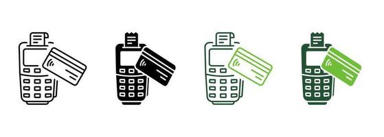 pos avec la silhouette de la carte de crédit et l'icône de la ligne. terminal bancaire pour pictogramme de paiement sans numéraire. icône de transaction de monnaie électronique de finance bancaire. trait modifiable. illustration vectorielle isolée. vecteur