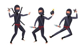 vecteur de guerrier ninja. costume noir. montrant différentes actions avec des armes. illustration de dessin animé plat isolé