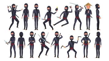 vecteur de personnage ninja. guerriers drôles de dessin animé. poses différentes. isolé sur fond blanc illustration de dessin animé plat