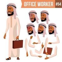 vecteur de travailleur de bureau arabe. saoudien, émirats, qatar, émirats arabes unis. affronter des émotions, des gestes divers. ensemble de création d'animations. homme d'affaires d'entreprise. officier, commis, serviteur couronné de succès. illustration