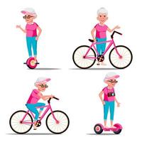 vieille femme équitation hoverboard, vecteur de vélo. activité sportive de plein air de la ville. scooter gyroscopique, vélo. respectueux de la nature. mode de vie sain. illustration isolée