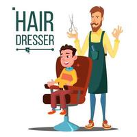 coiffeur et enfant, vecteur adolescent. faire la coupe de cheveux du client. coiffeur. illustration de dessin animé plat isolé