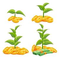 vecteur de concept de croissance de démarrage. arbre poussant sur des pièces d'or. concept d'économie de fonds de croissance. projet de réussite. illustration de dessin animé plat isolé
