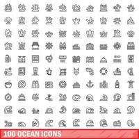 Ensemble de 100 icônes de l'océan, style de contour vecteur