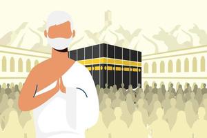 Célébration de pèlerinage hajj avec un homme dans une scène de kaaba vecteur