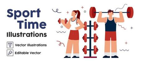 sport fitness homme femme levage poids exercice entraînement gym intérieur télévision illustration vectorielle vecteur