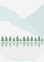 paysage d'hiver avec affiche d'illustration de forêt sauvage et de lac. panorama enneigé, décoration murale minimaliste. paysage de dessin animé saisonnier avec de la neige sur la collection de fond vecteur