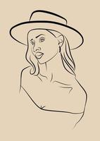 jeune femme au chapeau dessin au trait illustration d'affiche. les femmes modernes minimalistes font face à des dessins au trait continu. art carré vectoriel