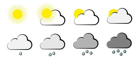 jeu d'icônes météo et météorologie. soleil, nuages, symbole de pluie isolé. illustration vectorielle plane vecteur