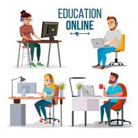 vecteur de concept d'éducation en ligne. personnes utilisant le service d'éducation en ligne, cours. concept scientifique d'apprentissage en ligne. illustration de dessin animé plat isolé