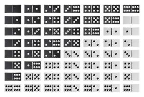 vecteur de grand ensemble complet de domino. couleur noir et blanc. collection d'os de dominos réalistes isolée sur blanc. 28 pièces pour le jeu