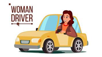 vecteur de conducteur de femme. assis dans une automobile moderne. acheter une nouvelle voiture. concept d'auto-école. automobiliste heureuse. illustration de personnage de dessin animé plat isolé