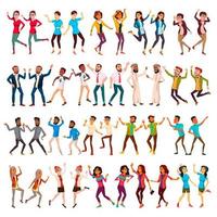 les gens dansants définissent le vecteur. célébrer les danses. les gens qui dansent bougent. fête de vacances. personnes écoutant de la musique. poses de danseur heureux. illustration de dessin animé plat isolé vecteur